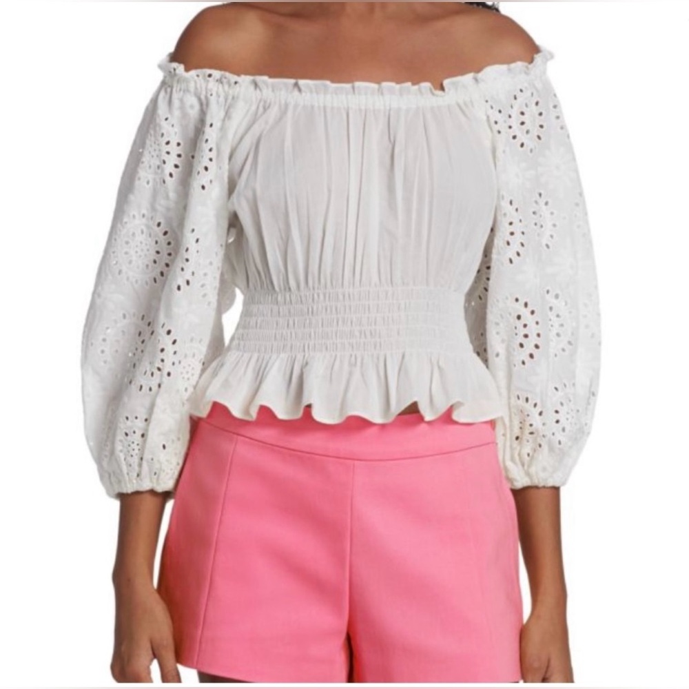 NWOT Ramy Brook white peasant eyelet peplum top